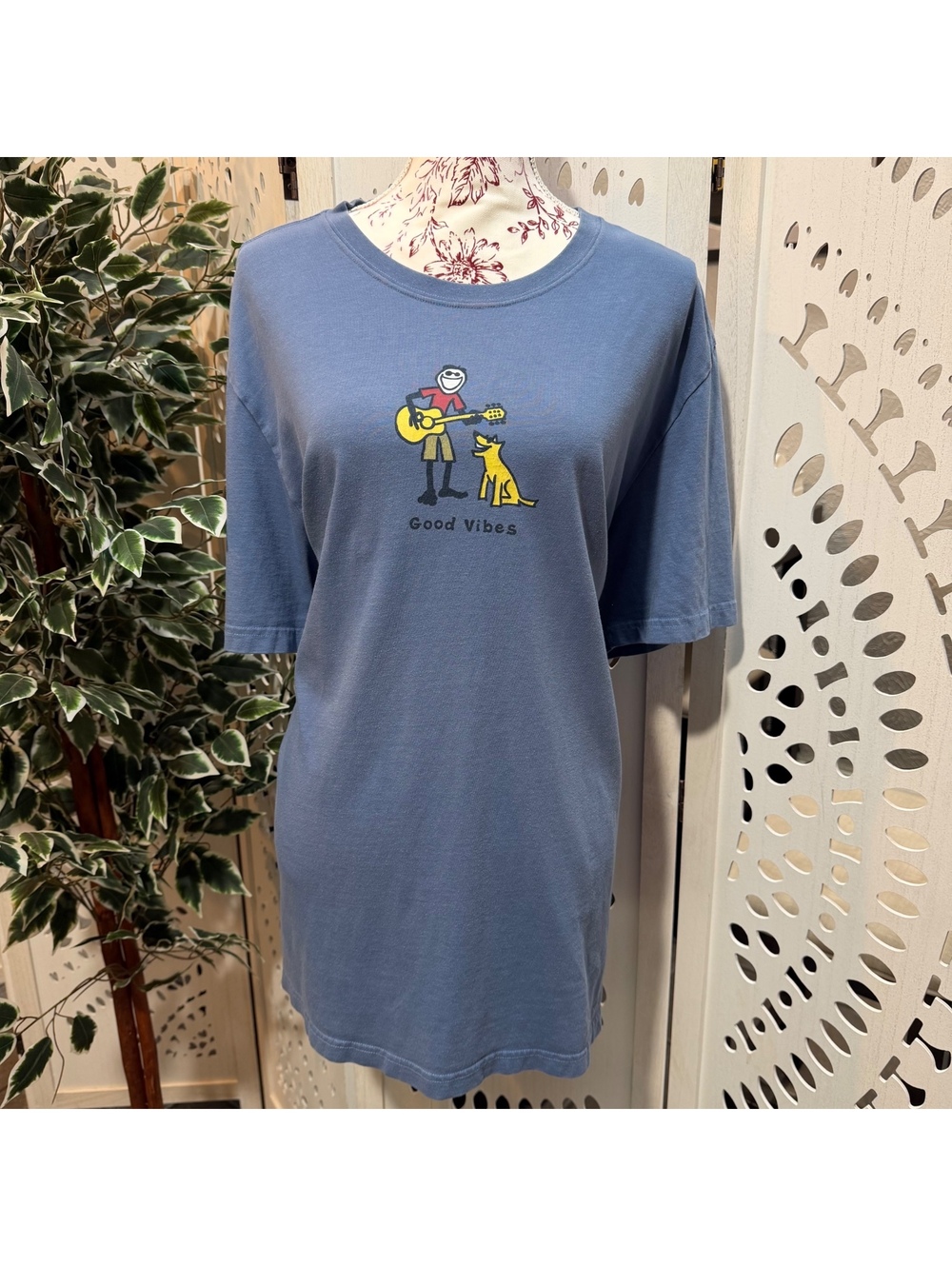 Life is Good Vintage Good Vibes Guitar Dog Blue T-Shirt XXL